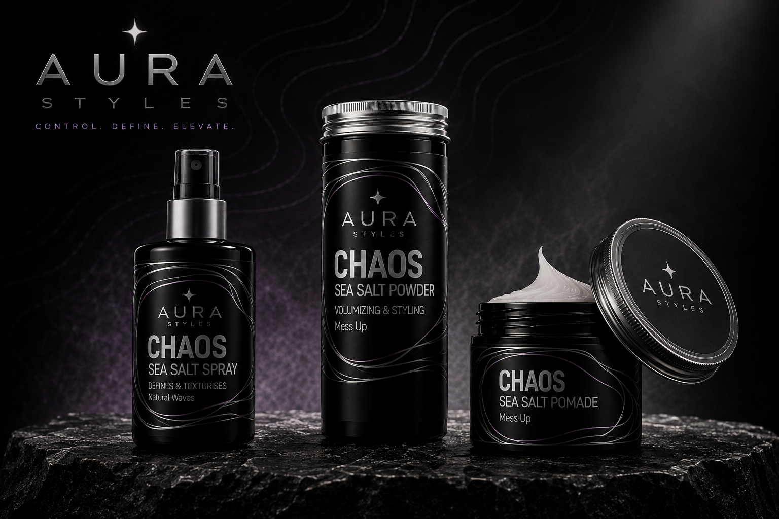 Aura Styles Chaos sea salt spray, texture powder and pomade