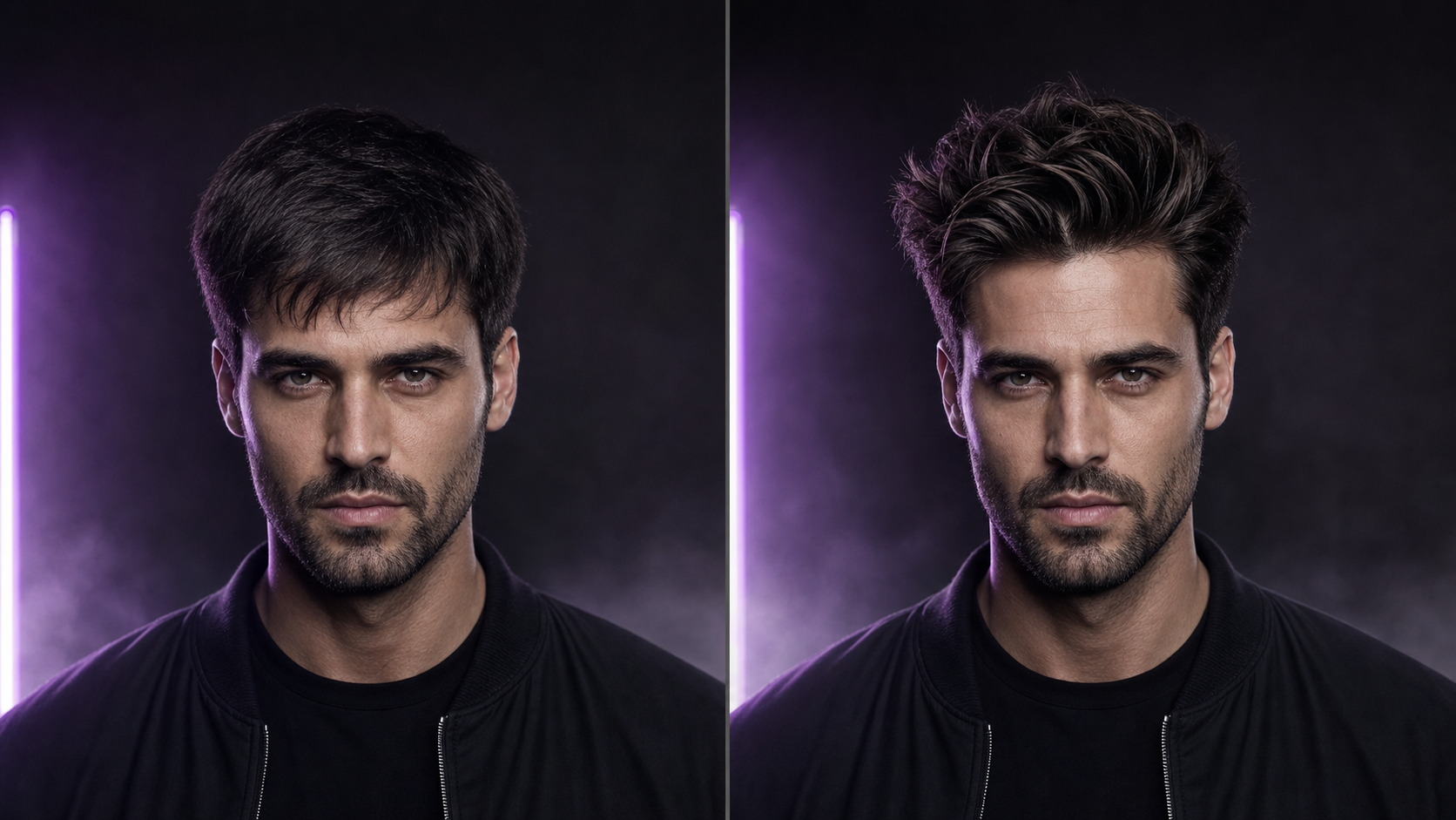 Before and after textured hairstyle on the same model